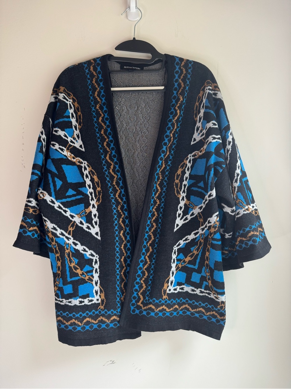 Jealous Tomato Open-Front Geometric Chain Print Cardigan — Blue/Black/Tan/White